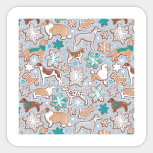 Catching ice and sweetness // pattern // pastel blue background gingerbread white brown grey and dogs and snowflakes turquoise details Sticker